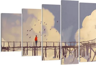 Produktbild von Bild auf Leinwand - Leinwandbild - Wolken Brücke Vögel Landschaft - 150x100cm - Wand Bild - Wanddeko - Leinwanddruck - Bilder - Kunstdruck - Leinwand bilder - Wandkunst - EG150x100-3200
