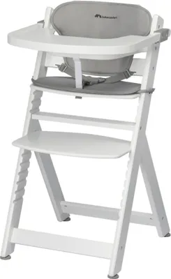 A white wooden high chair with a gray seat cushion and tray.