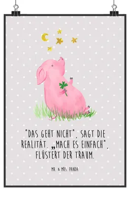 Produktbild von Mr. & Mrs. Panda Bild Schwein Glück DIN A2 - Grau Pastell - Geschenk, drucke, Sterne, Wandbild, Glücksbringer, wanddeko, Ziele, Träume, Lustige Sprüche, Kunstdruck