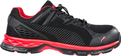 A side view of a black and red Puma safety shoe.