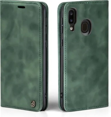 A green flip cover phone case for a Samsung Galaxy A40 is shown from two angles.