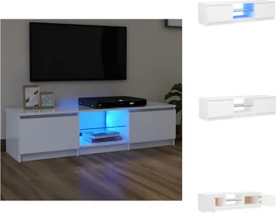 A white TV stand with LED lighting is shown in a room with a TV mounted on the wall.