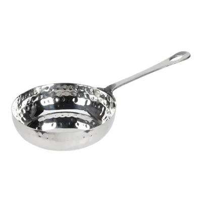 A silver hammered mini pan with a handle on a white background.