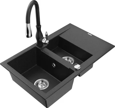 Produktbild von Mexen Gaspar 1,5-Becken-Granitspüle mit Abtropffläche und Mischbatterie Savita, Schwarz/Silber - 6507-73-672601-70