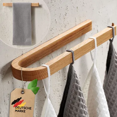 Produktbild von DEKAZIA® Handtuchhalter Holz Eiche – Handtuchstange ohne Bohren oder Bohren Holz