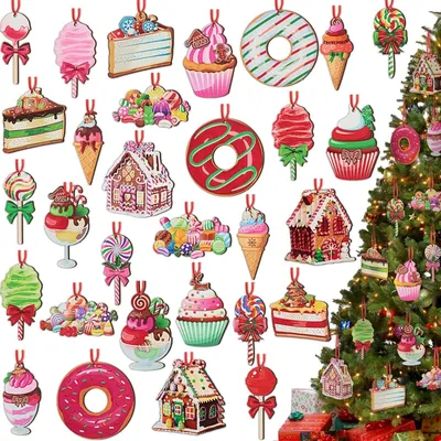 30 Holz-Weihnachtsbaum-Anhänger, bunt, 8 cm, rund