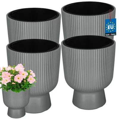 Productafbeelding van KOTARBAU® 4 st. Bloempot Plantenpot Ø 23cm met Binnenpot Geribbelde Plantenbak Plantenpot met Voet Plantenbak Kunststof Grijs