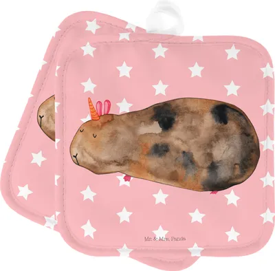 Produktbild von Mr. & Mrs. Panda Topfuntersetzer Einhorn Meerschweinchen - Rot Pastell - Geschenk, Topflappen, Meerschwein, topfhalter, 2er Set, Einhörner, Ofenlappen, Unicorn, Meericorn