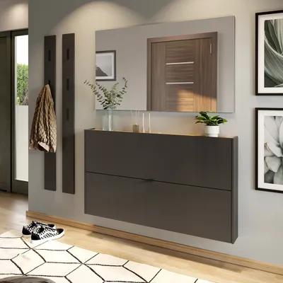 Produktbild von Garderobe Flurgarderobe schmal in grau mit Eiche ABERDEEN-01 modern 4-teilig mit 2 Garderobenpaneelen