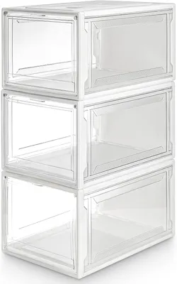 Productafbeelding van Schoenendozen set van 3, stapelbaar, tot maat 48, 37 x 25,5 x 20 cm, voor opbergkast, transparant wit