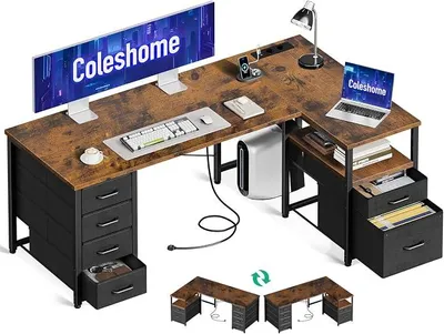 Productafbeelding van Bureau met stoffen lades, 140x80 cm. Omkeerbaar bureau in L-vorm met archiefkast, hoekbureau met USB-oplaadpoort en stopcontact, bureaus voor thuiswerken, bruin