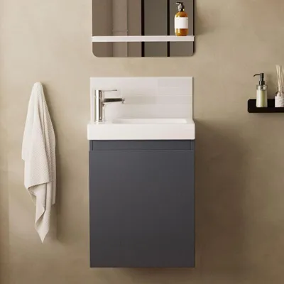 Produktbild von Waschbeckenschrank LISA aus MDF, 41x54x21,5 cm, wendbares Keramikbecken, Soft-Close-Tür