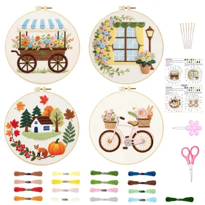 Stickerei-Set für Anfänger, 4 Motive, mit Rahmen und Zubehör
