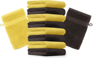 Produktbild von Betz 10 Stück Waschhandschuhe 16x21 cm PREMIUM 100% Baumwolle  Farbe: gelb und dunkelbraun