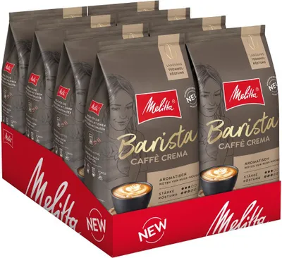 A display box of Melitta Barista Crema coffee beans.