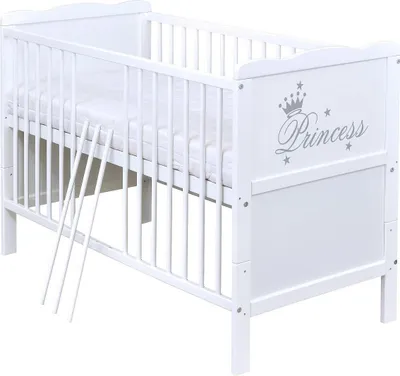 Produktbild von Baby-Delux Babybett Kinderbett 2in1 Princess Motiv 120x60 Weiß Beißschienen zum Schutz