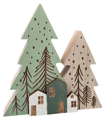 Winterlandschap van hout met huizen en dennenbomen, 12,5 cm breit
