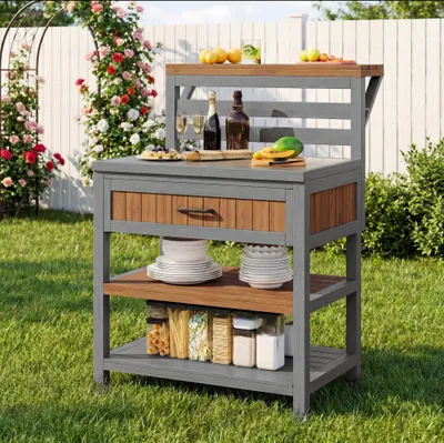 Image de Meuble de jardin Merax avec plan de travail en acier inoxydable, table d'appoint d'extérieur avec grand tiroir et double étagère, table de barbecue stable et résistante aux intempéries