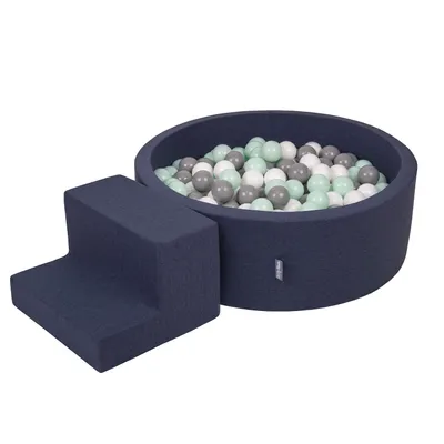 Obrázok produktu pre KiddyMoon Mäkké penové ihrisko pre deti s guľatým loptičkovým ihriskom (200 ∅ 7 cm) s mäkkými prekážkami a loptičkovým bazénom,  vyrobené v EÚ, Tmavomodrá:Biela/Grey/Mäta: , Stupne