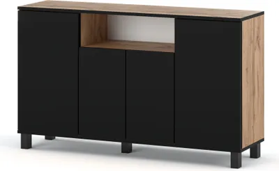 Produktbild von STIV Möbel | Kommode 140x35x80 cm Eiche Wotan / Schwarz Matt | 4 Türen | Wohnzimmer Schlafzimmer Flur