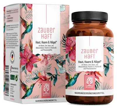 Produktbild von Beauty Komplex für Haut, Haare und Nägel mit Biotin, Selen, Jod, Zink, Vitamin A, B2 & Siliciumdioxid - ZAUBERHAFT - 120 vegane Kapseln - NATURTREU®