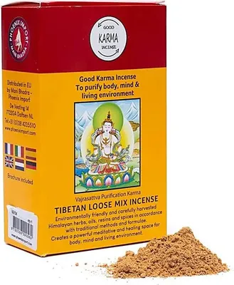 Imagen del producto de Polvo de incienso tibetano "Buen Karma" – aproximadamente 130-140 gramos. Disponible para comprar en línea