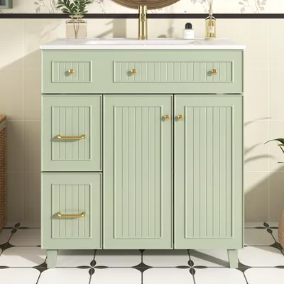 Productafbeelding van Badmeubel met keramisch wastafelblad, 81,7 x 46,8 x 90 cm, groene wastafelonderkast van gelakt MDF met lades, deuren en poten van grenenhout