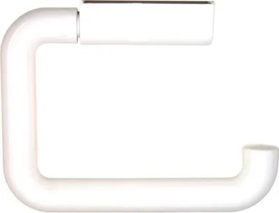 A white toilet paper holder against a white background.