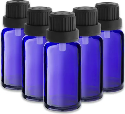 Produktbild von 5x Blaue Glasflasche 20 ml mit schwarzem Tropfer – Kosmetikflasche