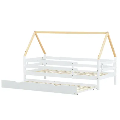 Produktbild von Hausbett mit Gästebett, 90x200 cm, Kinderbett mit Rausfallschutz und Lattenrost, Jugendbett, Kiefer