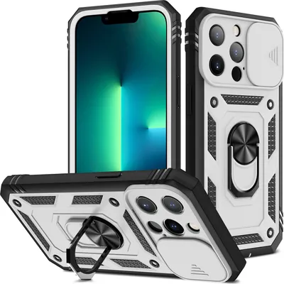 Image de Étui pour iPhone 13 Pro Max protection coulissante de l'appareil photo, résistant aux chocs, avec porte-anneau, support et porte-cartes Blanc