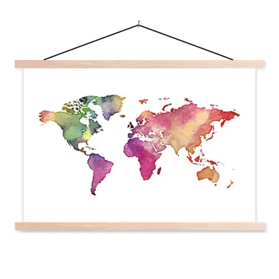 Produktbild von MuchoWow® Textilposter Weltkarte - Aquarell - Regenbogen 60x40 cm mit holzfarbenen Rahmen - Bilder