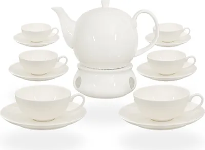 Produktbild von Buchensee Teeservice / Teeset / Teekanne 1,5 liter mit Stövchen und 6 Tassen je 150ml in weiß, Fine Bone China