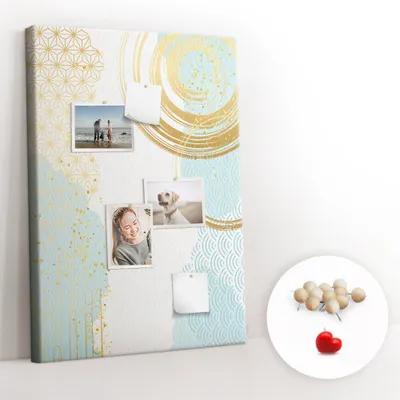 Obrázek produktu pro Korková nástěnka s kolíčky - Tabule s kolíky pro fotografie a poznámky - 70x100 cm - Připínáčky dřevěné 100 kusů - Dekorativní abstrakce