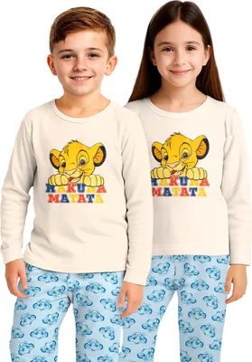 Produktbild von Disney Der König der Löwen Schlafanzug für Jungen und Mädchen - Simba Kinder Pyjama Set Langarm Oberteil mit Hose Beige/Blau 122-128
