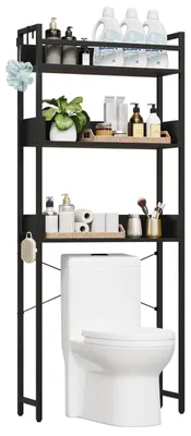 Produktbild von WC Überbau Regal - 3-stöckiger Bad Organizer - Freistehendes Bodenregal - Holzablagen mit Metallgestell - Platzsparende Aufbewahrung - Schwarz