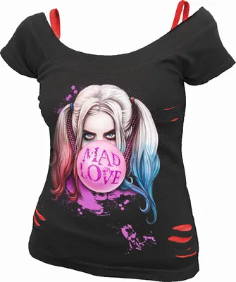 Obrázek produktu pro Harley Quinn - Mad Love - 2v1 Červený potrhaný top Black L
