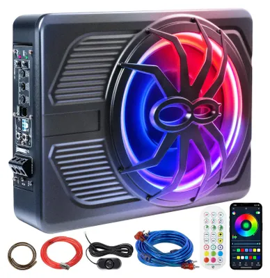 Zdjęcie produktu dla Wzmacniacz subwoofera samochodowego Audew, ultrasmukły 10-calowy subwoofer z oświetleniem LED, dźwięk przestrzenny o mocy 800 W, aplikacja i pilot zdalnego sterowania, wejście high/low