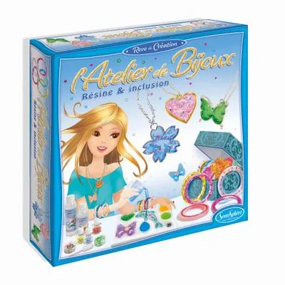A box for a jewelry making kit, featuring an illustration of a girl and various jewelry pieces.