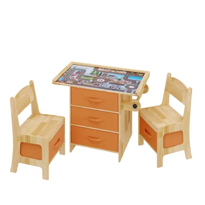 Produktbild von Kinder-Bausteintisch mit 2 Stühlen und 2 Orangefarbenen Stoff Bezogenen Schubladen, Kiefernholz, Tisch: 70 x 54 x 40 cm, Stuhl: 29,4 x 30,4 x 54 cm
