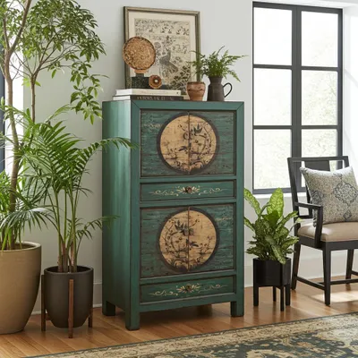 Produktbild von OPIUM OUTLET Vintage Schrank Hochzeitsschrank aus China, hohe Kommode Sideboard Landhaus Antik-Stil asiatisch orientalisch chinesisch fernöstlich shabby-chic Möbel Schlafzimmer, Wohnzimmer, smaragd-grün Holz