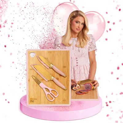 Produktbild von Paris Hilton   6-teiliges Messerset aus Edelstahl mit Bambus-Schneidebrett Inkl. Santokumesser, Schälmesser, Küchenschere und Schneidebrett