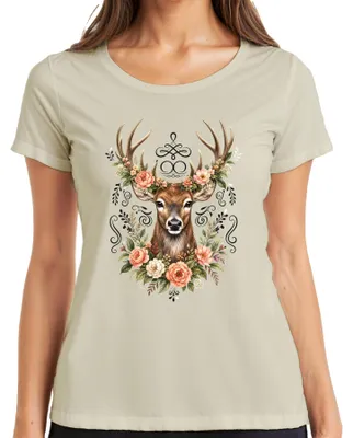 Produktbild von Eleganter Hirsch Blumenkranz Geweih Wald Boho Natur Lederhose Reh Damen T-Shirt, Natur, XL