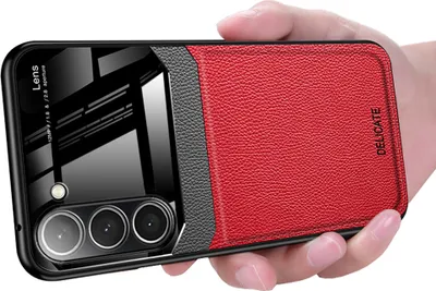 Produktbild von Galaxy S23+ Hülle, TPU Stossfest Anti-rutsch Leder Glas Len Hybrid Schutzhülle für Samsung Galaxy S23+ Rot