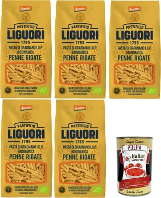 Produktbild von Pastificio Liguori, Pasta di Gragnano IGP Biodinamica, Penne Rigate Biodynamische Gragnano-Pasta mit IGP 5x400gr + Italian Gourmet polpa 400g