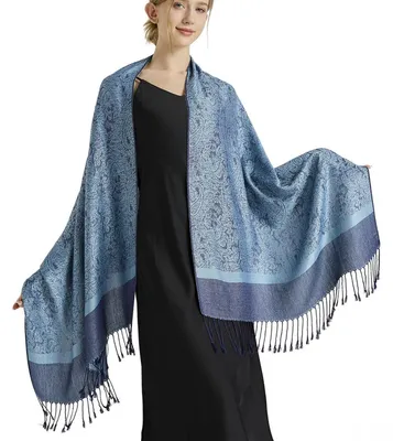 Produktbild von Pashmina Schal Wrap Stola Jacquard Paisley Stahlblau 70x180cm