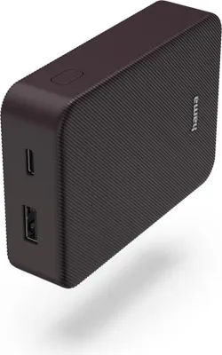 A dark purple power bank with a textured surface and a logo on the side, shown on a white background.