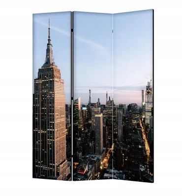 A three-panel room divider displaying a cityscape with the Empire State Building prominently featured.