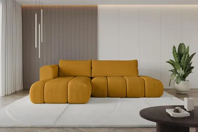 A modern living room with a mustard yellow sectional sofa.