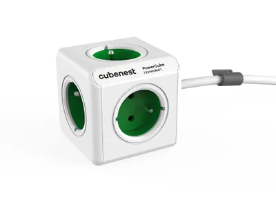 Obrázok produktu pre PowerCube Cubenest Extended - zelená zásuvka - 5 zásuviek, predlžovací kábel 1,5 mm, montážny dok, detská poistka, uzemnenie, max. 16A/2500W/50-60Hz